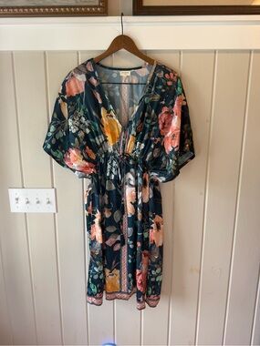 World Market Navy Floral V-Neck Cinched Waist Dress, Size L/XL NWOT